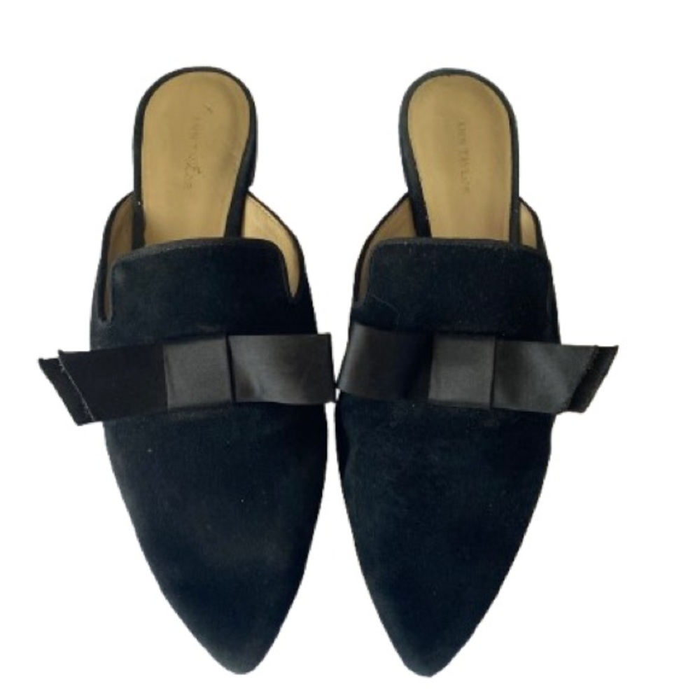 Ann Taylor Black Suede Mules with Ribbon Detail